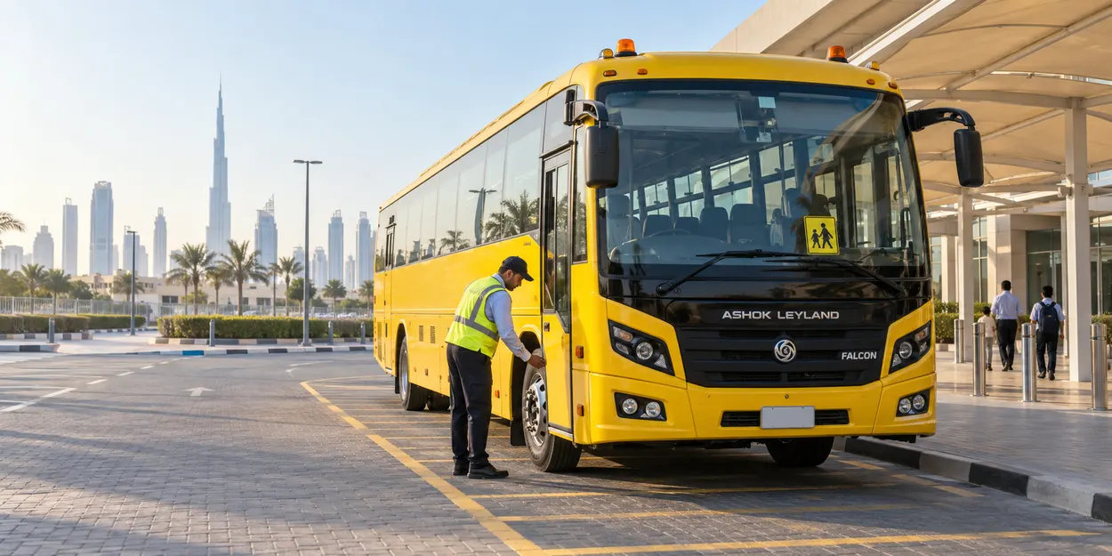 Yellow school bus illustration from the Aseel image library for planned pupil transport routes in Sharjah; actual licensed school vehicle confirmed before booking