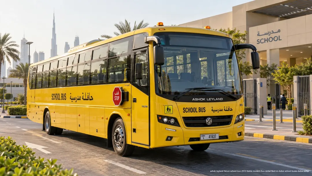 Yellow Ashok Leyland school transport bus photographed for Dubai school bus route planning at Aseel Bus Rental
