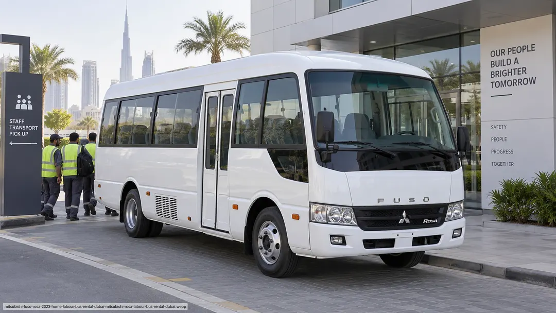 Industrial and Free Zone Staff Transport UAE — Factory, JAFZA and DIP Bus Rental | Aseel Bus Rental Aseel Bus Rental Mitsubishi Fuso Rosa staff minibus for industrial and free-zone workforce transport in the UAE