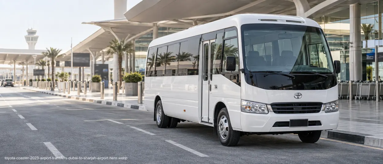 Toyota Coaster class minibus illustrating a group transfer towards Sharjah airport