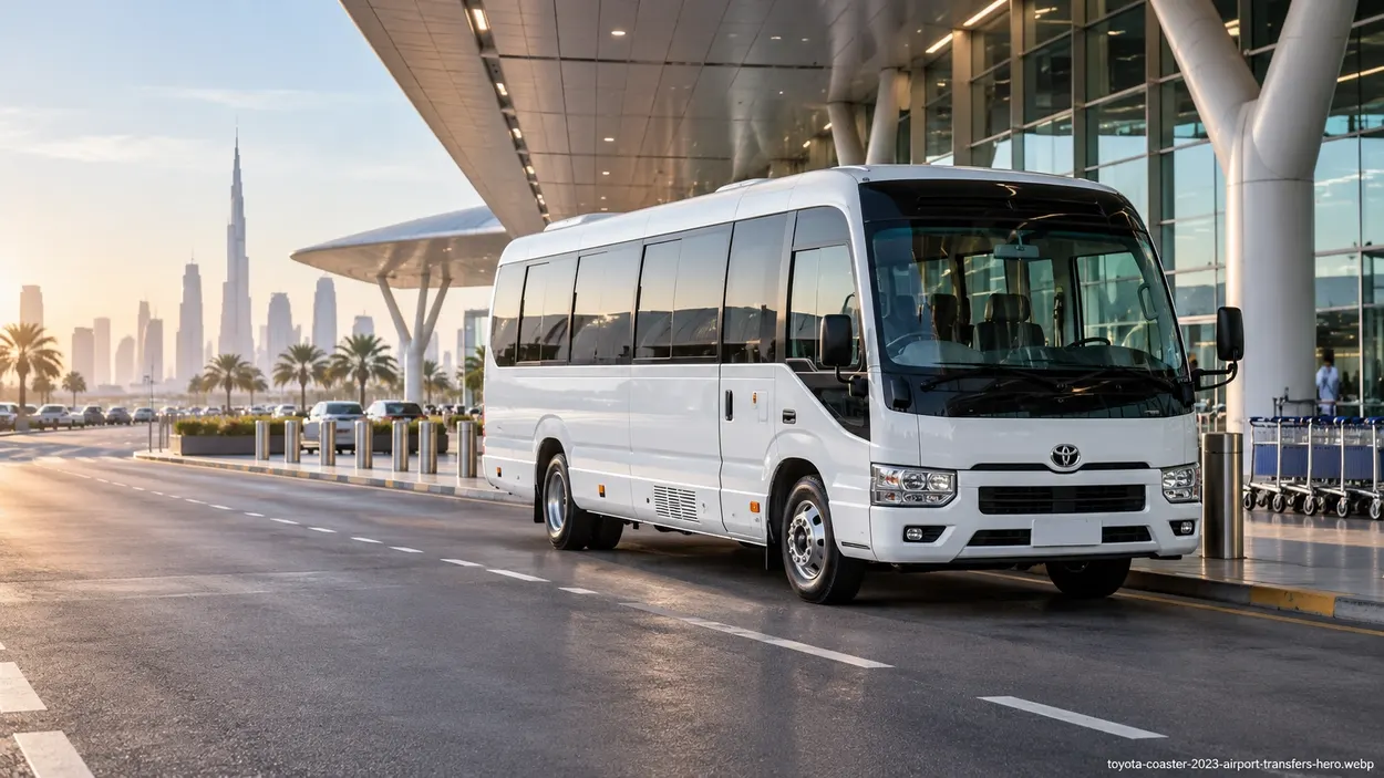 Toyota Coaster passenger minibus illustrating private UAE airport group transfers