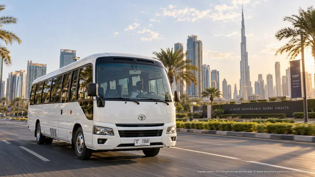 Toyota Coaster private group tour bus for sightseeing around Dubai