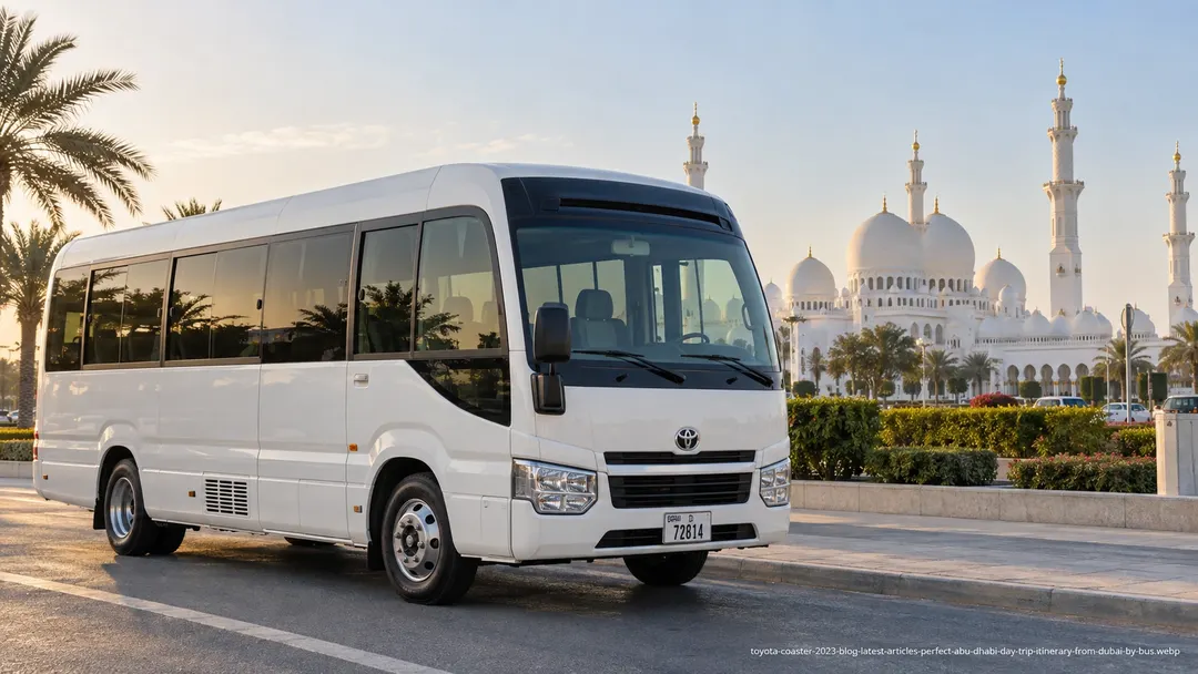 Private tour bus photo illustrating an organised Abu Dhabi city sightseeing journey
